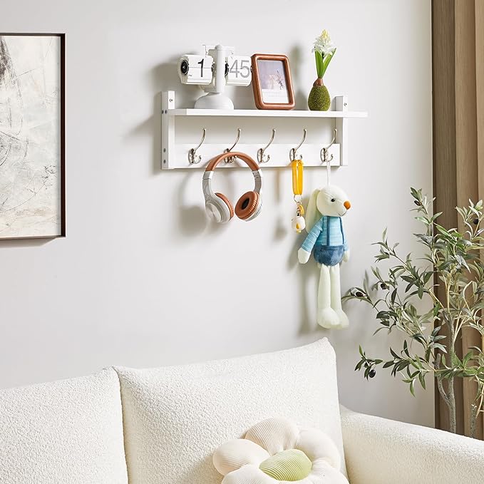 YMYNY Coat Rack Wall Mount with Shelf, 2 Pack 23.6" Coat Hooks Wall Mount, Wall Hooks for Hanging, Coat Hanger Wall Mount, Hat Rack for Wall, Towel Hooks for Bathrooms, White UHWS004W-2-NeatNest