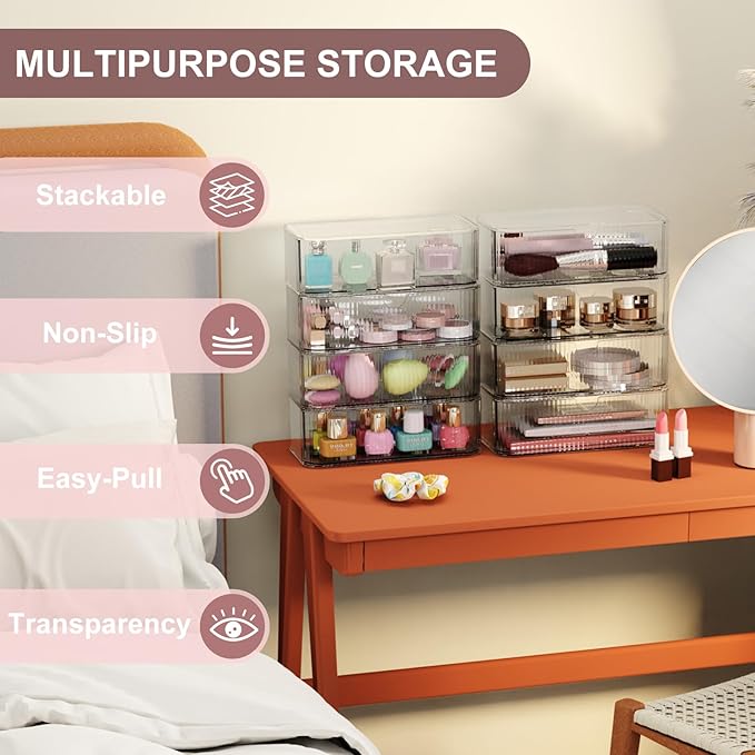 8-Pack Clear Stackable Storage Drawers with 16 Non-Slip Silicone Feet, Multi-Purpose Cosmetic & Home Organizers for Vanity, Office, Bathroom, Pantry, Easy-Pull Transparent Acrylic Storage Bins-NeatNest