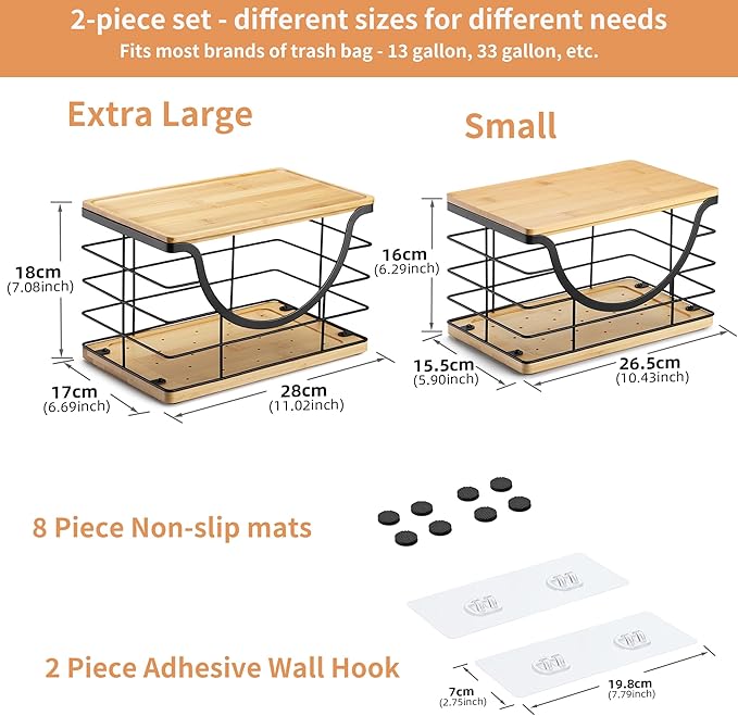 Extra Large Trash Bag Holder Stackable Kitchen Storage, 2 Pack Wall Mounted Pantry Organizers and Storage with Bamboo Top, Garbage Bag Dispenser Under Sink for Laundry Room and Kitchen-NeatNest