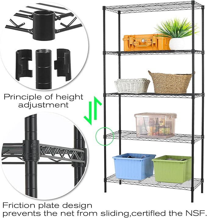 5-Tier Wire Shelving Unit Storage Shelves Metal Shelves Heavy Duty Metal Storage Rack NSF Height Adjustable for Home Kitchen Bathroom Garage Pantry Organization(Black)