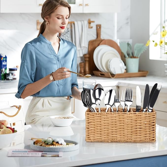 Ayiaren Wicker Flatware Silverware Caddy Cutlery Holder Kitchen Silverware Organizer Storage for Countertop Small Utensil Holders Party Table Spoon Knives Fork Holder Flatware Utensils Caddy Basket-NeatNest