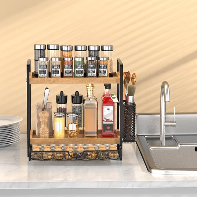2 Tier Spice Rack Organizer for Countertop with Drawer and Basket, Suitable for Coffee Organizer, Kitchen Counter Storage, Bathroom Storage-NeatNest
