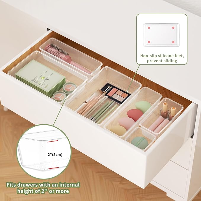 10 PCS Clear Drawer Organizer Set, 4 Sizes Plastic Makeup Organizer Trays with Non-Slip Silicone Pads, Desk Organization and Storage Bins for Vanity, Bathroom, Office, Kitchen, Fridge, School-NeatNest