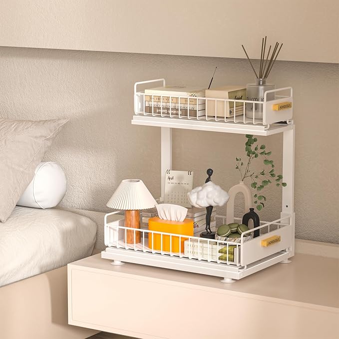 Under Sink Organizer, Pull Out Kitchen Cabinet Organizer, 2-Tier Metal Under Sink Organizers and Storage Height-Adjustable, Kitchen Bathroom Organizers and Storage Shelves, White-NeatNest