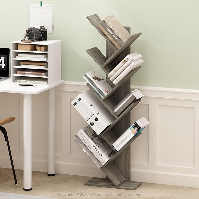 Furinno Tree Bookshelf 9-Tier Floor Standing Tree Bookcase, French Oak-NeatNest