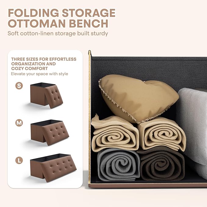 Ottoman Folding Storage Bench, 30x15x15 Inch, Foot Rest Stool for Living Room, Bedroom, Entryway, End of Bed - Multi-Functional Ottoman with Storage Brown