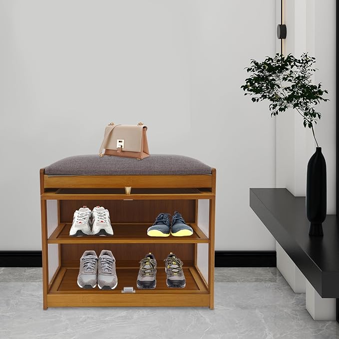Eapmic Shoe Storage Bench, Entryway Shoe Rack Bench with Padded Seat Cushion, 2-Tier Shoe Cabinet, Bamboo Shoe Organizer for Hallway Bedroom Living Room Front Door (Brown, 19.69 * 12.6 * 17.32in)