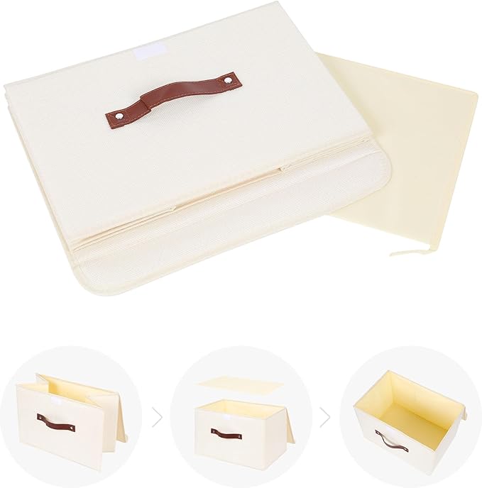 ANMINY 2PCS Storage Bins with Lid PU Leather Handles Storage Boxes PP Plastic Board Decorative Foldable Lidded Cotton Linen Fabric Home Cubes Baskets Closet Organizer Containers - Beige, Large Size-NeatNest
