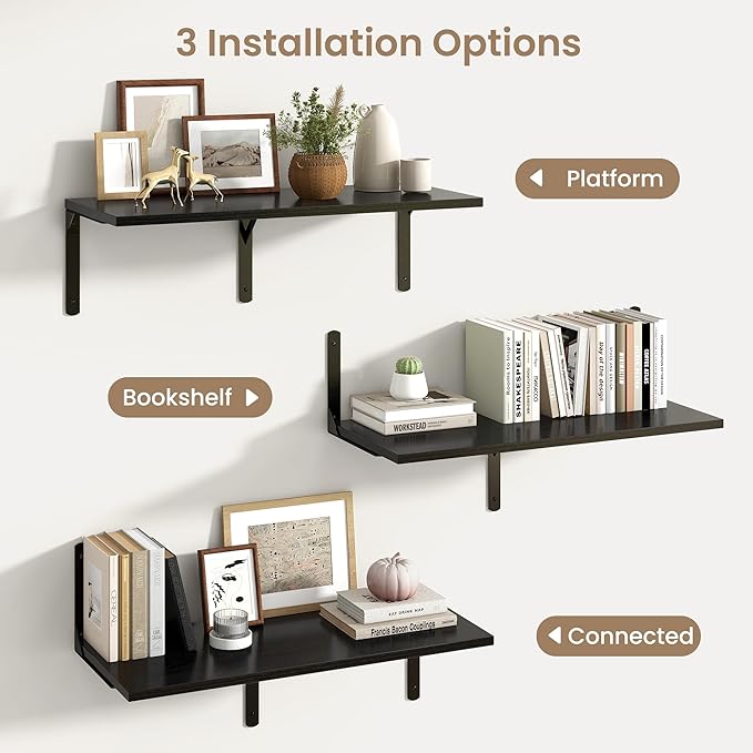 Fun Memories Floating Shelves for Wall, 12 Inch Deep Floating Shelves Set of 2, Wall Mounted Shelf with Metal Brackets, Rustic Wood Wide Shelf for Bathroom, Kitchen and Living Room, Black, 32W x 12D-NeatNest