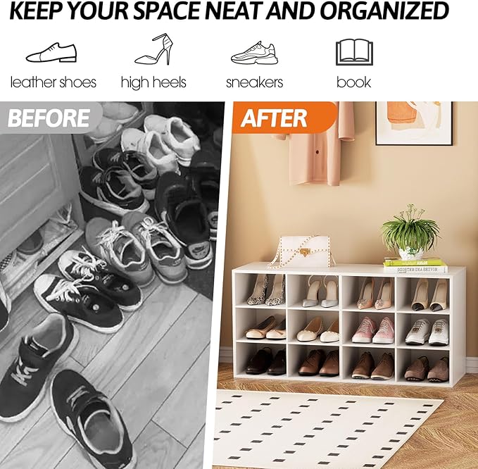 Garden 4 you Shoe Storage Bench, Cubby Shoe Rack with 12 Cubbies, 3-Tier Wood Shoe Rack Organizer, Shoe Organizer Cabinet for Entryway, Hallway, Closet and Garage, White-NeatNest