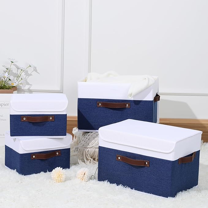 ANMINY 2PCS Storage Boxes with Lid Washable Decorative Storage Bin Basket with PU Leather Handle Foldable Linen Fabric Storage Cube Container for Home Closet Organizer - Deep Blue White, Large Size-NeatNest