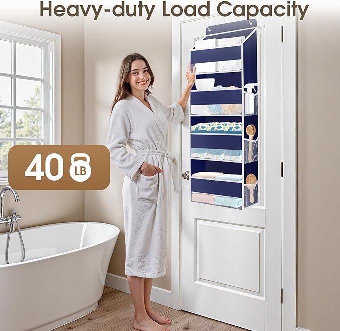 1 Pack Over The Door Organizer, Hanging Storage Organizer with Clear Window, 40lb Ultra Sturdy Large Capacity Room Organizer for Pantry Laundry Bathroom Nursery Closet (Blue)-NeatNest