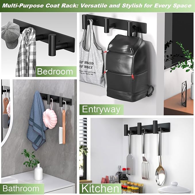 Wall Mounted Coat Rack-3 Hooks, Heavy Duty Stainless Steel Hook Rail for Towel Coat Hat Purse Bag Jacket, Towel Hooks for Entryway Bathroom Kitchen (Black 3 Hooks - 1 Pack)-NeatNest