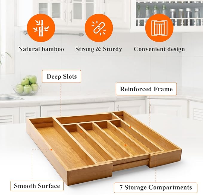 Expandable Large Utensil Drawer Organizer Cutlery Tray Bamboo Kitchen Silverware Organizer Cooking Utensil Tray Holder Adjustable Wooden Flatware Organizer for Drawer Spoon Fork Silverware Tray-NeatNest