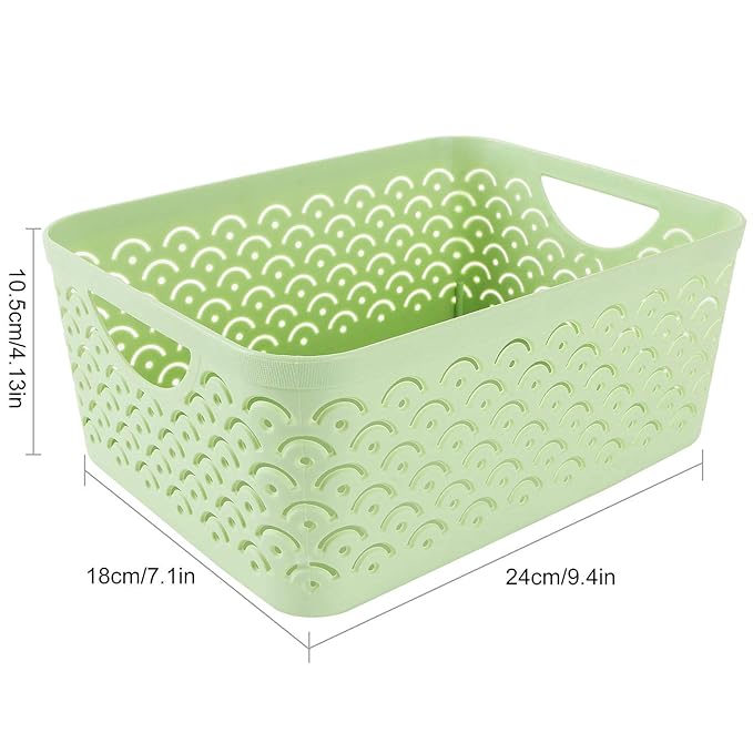 5 Pack Plastic Storage Baskets, Portable Green Fish Scale Pattern Hollow Desktop Storage Bin Box with Handle for Kitchen, Bathroom, Kids Room or Nursery Storage – 9.4 x 7.1 x 4.1 inches