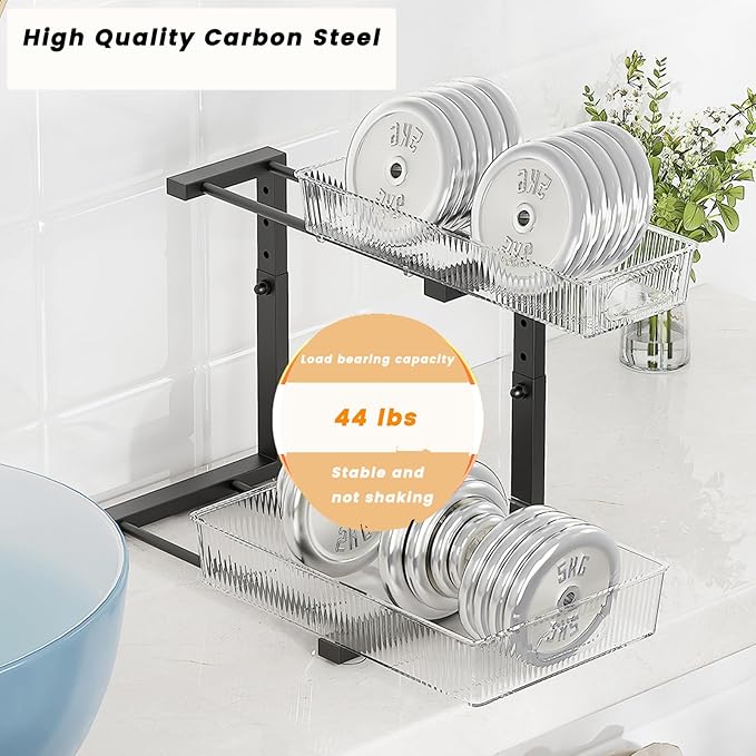 Under Sink Organizer, 2 Tier Pull Out Storage Organizer, Slide Out Storage Shelf for Bathroom & Kitchen, Under Cabinet Organizer and Storage with 5 Gears Height Adjustable (Black, 1 Pack)-NeatNest