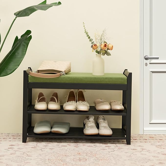 Shoe Rack Bench with Storage 27.6 in, Black Shoe Storage Bench with Cushion for Entryway, Hallway, Bedroom, Living Room-NeatNest