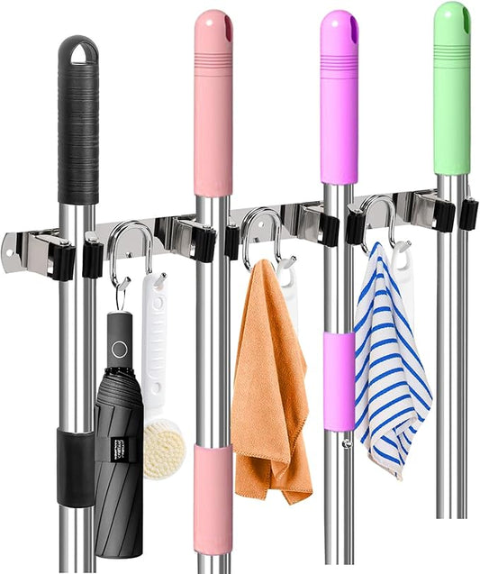 Mop Broom Holder Wall Mount, Silver Stainless Steel Tool Storage Organizer for Kitchen Garden Garage Laundry Room Bathroom and RV with 4 Slots 6 Hooks-NeatNest