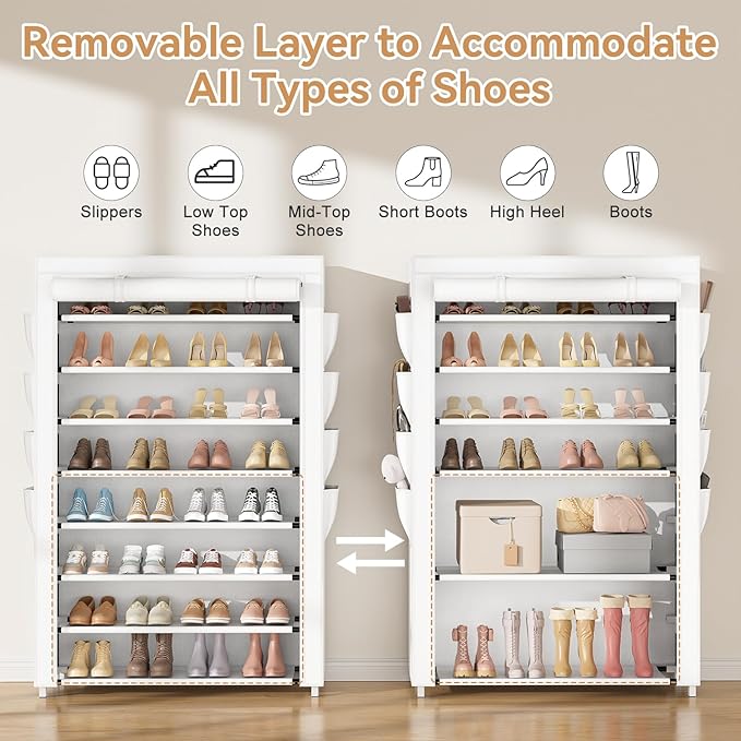 Shoe Rack with Cover, 8 Tier Tall Shoe Organizer Storage for 36-45 Pair Shoes and Boots Large Shoe Storage Shelf Free Standing Shoe Rack for Closet, Front Door Entrance, Dorm, Garage, White-NeatNest