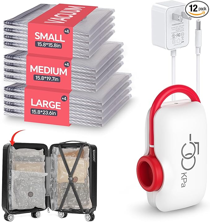 VMstr Travel Vacuum Storage Bags with Electric Pump (D/C Powered), 12 Pack Space-Saving Compression Bags for Clothes and Luggage Packing, Carry-on Travel Size-NeatNest
