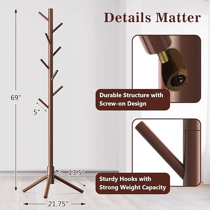 2 Pack Coat Rack, Solid Wood Coat Rack Freestanding with 8 Hooks & 3 Adjustable Heights, Simple Assembly Coat Tree for Hats, Bags, Wooden Coat Hanger Stand for Bedroom, Entryway, Office-NeatNest