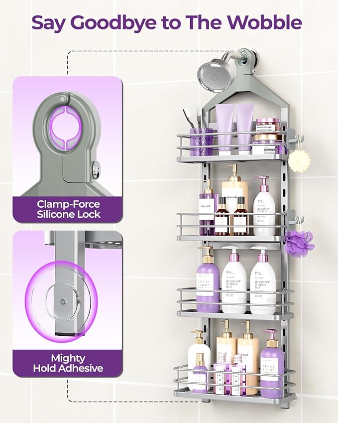 ODesign 4 Tier Height-Adjustable Shower Caddy Hanging Anti-Swing-Over The Shower Head Caddy- Storage Organizer Bathroom Shelves Basket Caddies-Silver