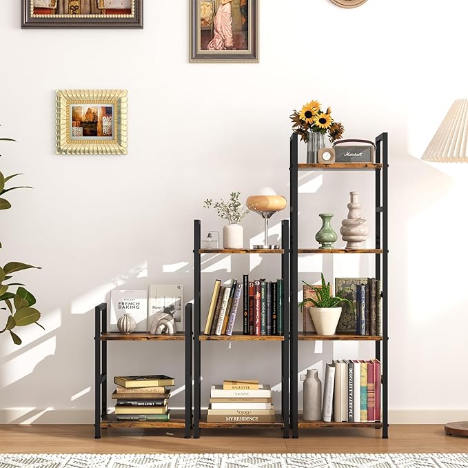 4 Tier Bookshelf, Small Book Shelf Industrial Bookcase, Metal Narrow Book Case Book Storage Organizer,Bookshelves for Bedroom Office Living Room(4 Tier,Rustic Brown)