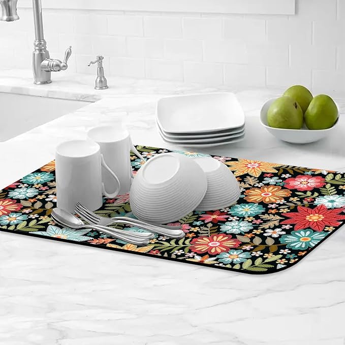 Colorful Embroidery Flowers Dish Drying Mats Super Absorbent Dish Drainer Rack Pad Non-Slip Drying Mat for Kitchen Counter, 24"x16"-NeatNest