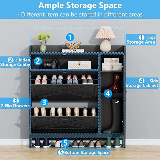 Free Standing Shoe Organizer with 2 Flip Drawers and Side Cabinet, Entryway Narrow Shoe Storage with Door for Hallway and Living Room (Black Plus)-NeatNest