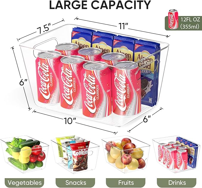 BALEINE Clear Plastic Storage Bins, Pantry Organization, BPA Free Stackable Refrigerator Organizers and Storage with Handles for Kitchen Fridge Cabinet Bathroom (4PK, 11x7.5x6)-NeatNest