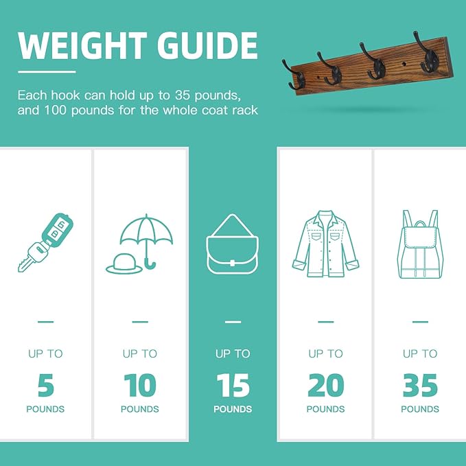 Coat Rack Wall Mounted, Wall Coat Rack with 4 Rustic Coat Hooks, 17” Entryway Ash Wood Coat Hanger Rail Hooks for Hanging Coats Hats, Perfect for Bedroom Bathroom Kitchen-NeatNest