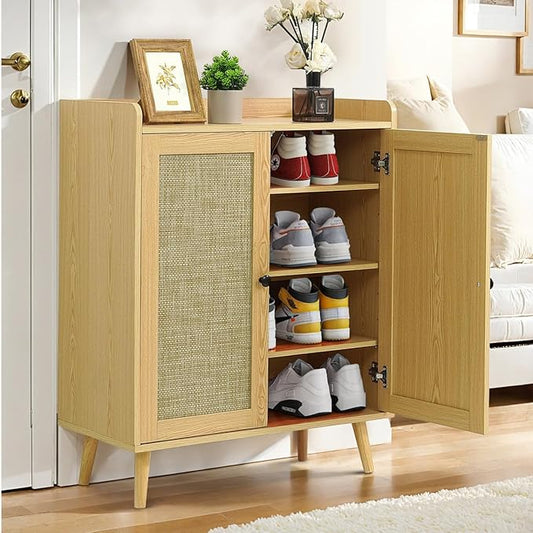 CAPHAUS 5 Tier Shoe Cabinet for Entryway, Modern Entryway Shoes Organizer w/Rattan Doors & Wooden Legs, Adjustable Shelves, Hidden Shoe Rack, Natural Oak