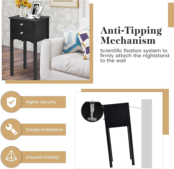 Giantex End Table w/ 2 Drawers Side Table Nightstand Multi-Purpose Accent Table Living Room Bedroom Home Furniture (1, Black)