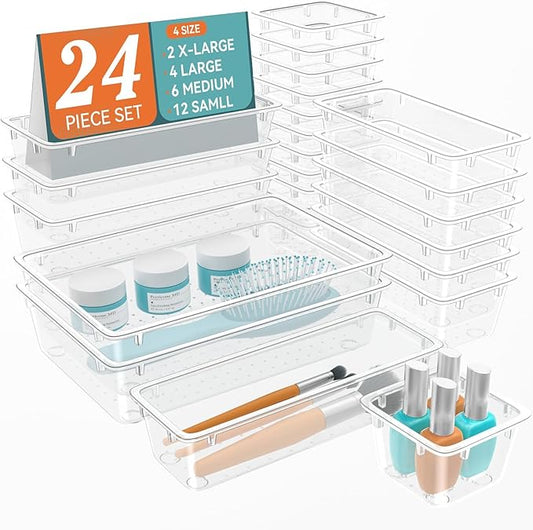 24 PCS Drawer Organizer Set, 4 Sizes Storage Drawer Units, Clear Plastic Makeup Vanity Organizer and Storage Bins for Makeup, Stationeries, Multiple Gadgets for Bathroom, Office, Bedroom-NeatNest