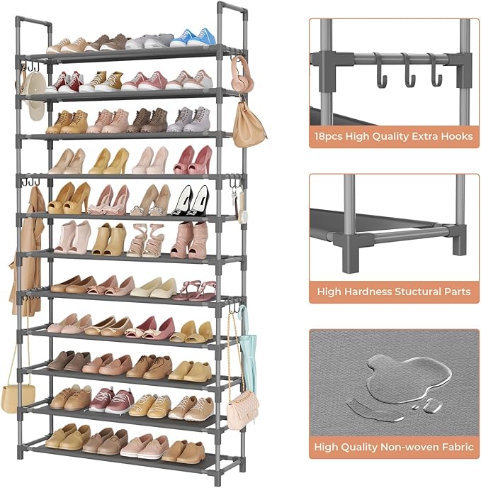 11 Tiers Tall Shoe Rack Holds 55 Pairs of Shoes with 18pcs Hooks Sturdy Wide Shoe Organizer Storage Free Standing Metal Shoe Shelf for Closet, Entryway Grey-NeatNest