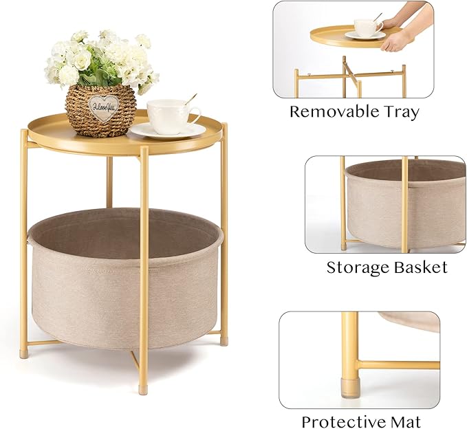 danpinera Round Side Table with Fabric Storage Basket, Metal Side Table Small Bedside Nightstand with Removable Tray Top for Living Room, Bedroom, Nursery, Laundry, Pale Yellow-NeatNest