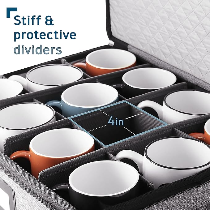 Hearth & Harbor Coffee Mug Storage, Quilted and Stackable Coffee Cup Storage Organizer for Service of 12, Mug Storage Box with Dividers, China Containers Hard Shell for Moving and Organization, Grey-NeatNest