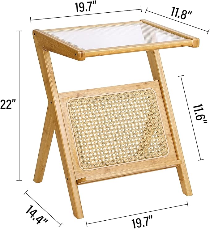 Tiita Rattan Side Table, Mid Century Nightstand, Bamboo Accent Bedside Tables, Glass Coffee Tables, Boho Wooden End Table with Storage for Small Space, Living Room and Bedroom