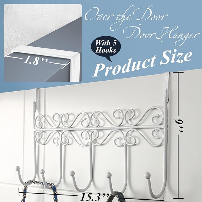 Over The Door Hook,Over Door Towel Rack,Over Door Coat Rack,Door Hanger Hook，Clothes,Belt, Hat,Behind Back of Bathroom, Towel Hanger 5 Hooks,White.