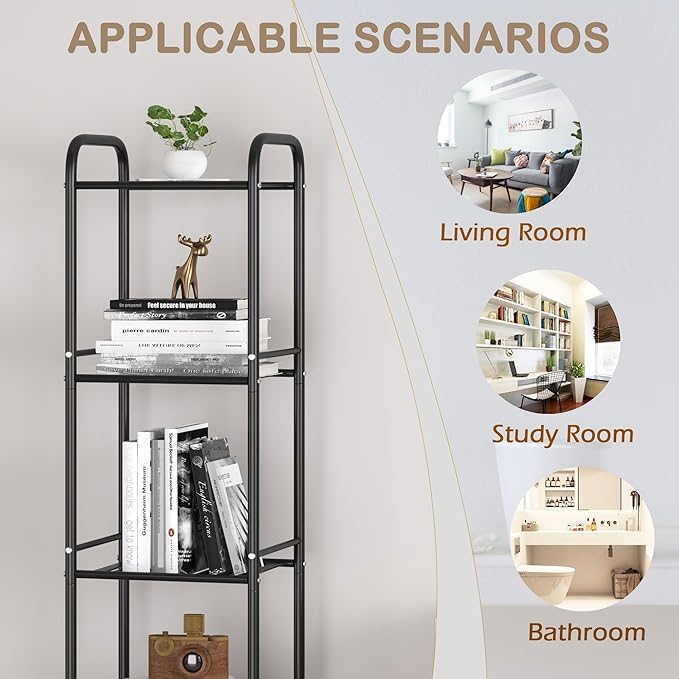 JSB 5 Tier Narrow Bathroom Shelving Unit, Kitchen Storage Rack Organizer Metal Corner Shelf for Living Room Laundry Pantry (Matte Black, 5 Tier)