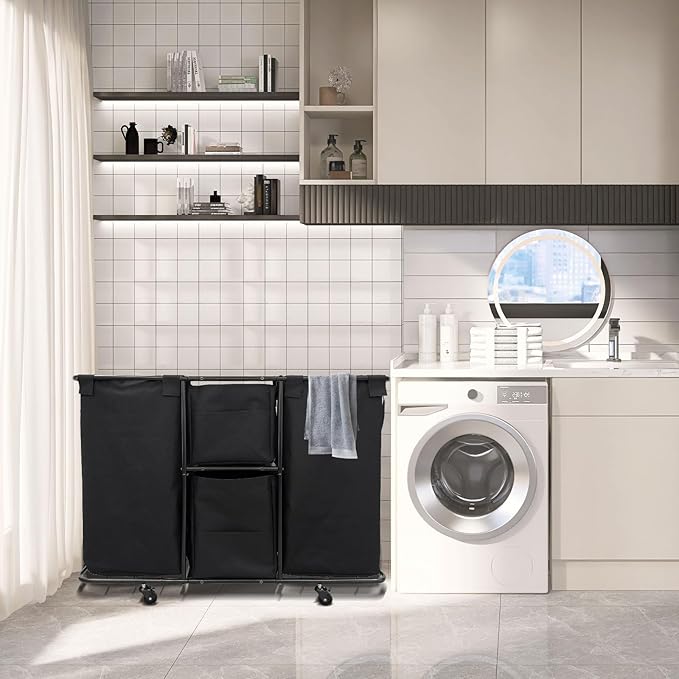 3-Section Laundry Sorter 168L, Rolling Laundry Cart with Wheels, Heavy Duty Laundry Hamper with Large Capacity and Removable Bags, for Narrow Space Laundry Room, Bedroom, Bathroom