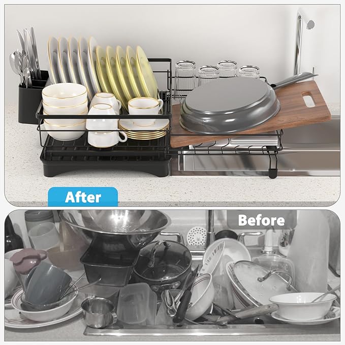 Expandable Dish Rack for Kitchen Counter:2 in 1 Large Dish Drying Rack with Cutlery Holder for Drying Plates Bowls Cups -Kitchen Drying Storage for Family of 3-4 Persons