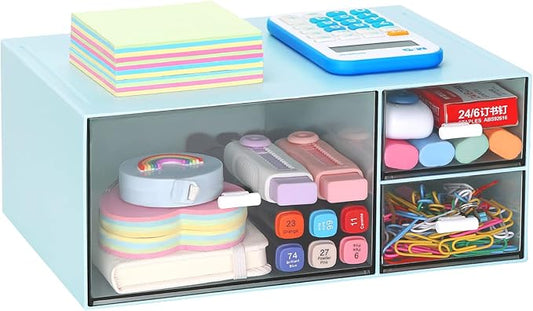 LETURE Desk Office Stationery Organizer with 3 Drawers, Desktop Vanity Makeup Organizer, Plastic Sundries Cosmetic Storage Organizer for Bathroom Counter or Dresser (Blue-3 Drawer)-NeatNest