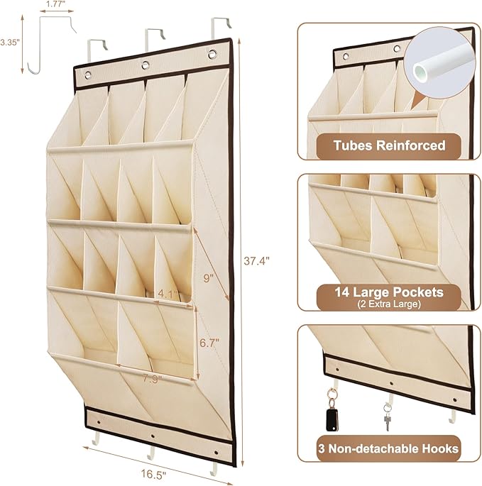 FENTEC 2 Pack Over the Door Shoe Organizer, Hanging Shoe Organizer, 28 Large Deep Pockets Door Shoe Rack with 6 Hooks Shoe Organizer for Shoes, Sneakers, and Home Accessories, Beige-NeatNest