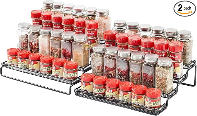 2 Pack Spice Rack Organizer for Cabinet, 4 Tier Expandable Seasoning Organizer Shelf, Spice Holder with Protection Railing, Metal, Black-NeatNest