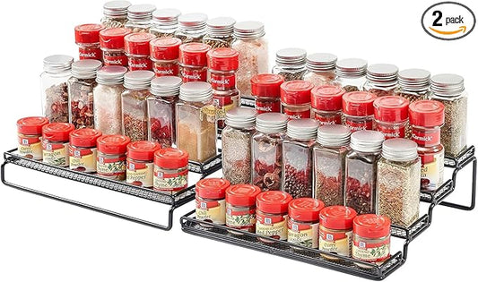 2 Pack Spice Rack Organizer for Cabinet, 4 Tier Expandable Seasoning Organizer Shelf, Spice Holder with Protection Railing, Metal, Black-NeatNest