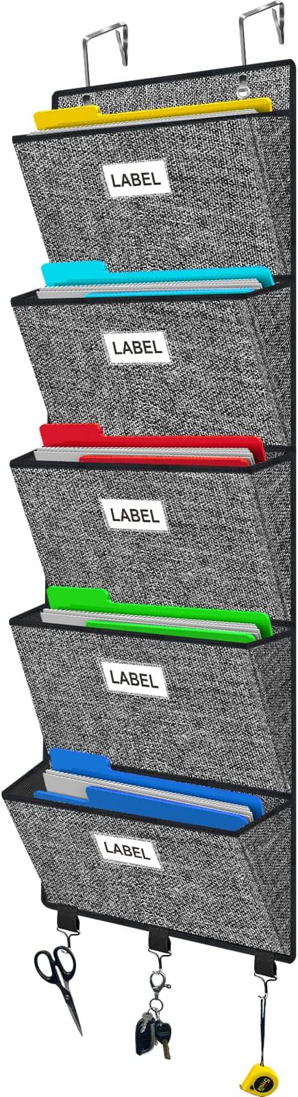 Homyfort Over the Door File Organizer, Hanging Wall File Folders with 5 Large Pockets for Papers, Charts, Mails, Magazine, Office and Back To Supplies Storage and Organization (Black)-NeatNest