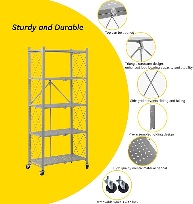 BRIAN & DANY 5-Tier Foldable Storage Shelves with Wheels, Folding Metal Rack Shelving Unit, Heavy Duty No Assembly Organizer Shelf for Garage, Kitchen, Basement, Pantry, Gray-NeatNest