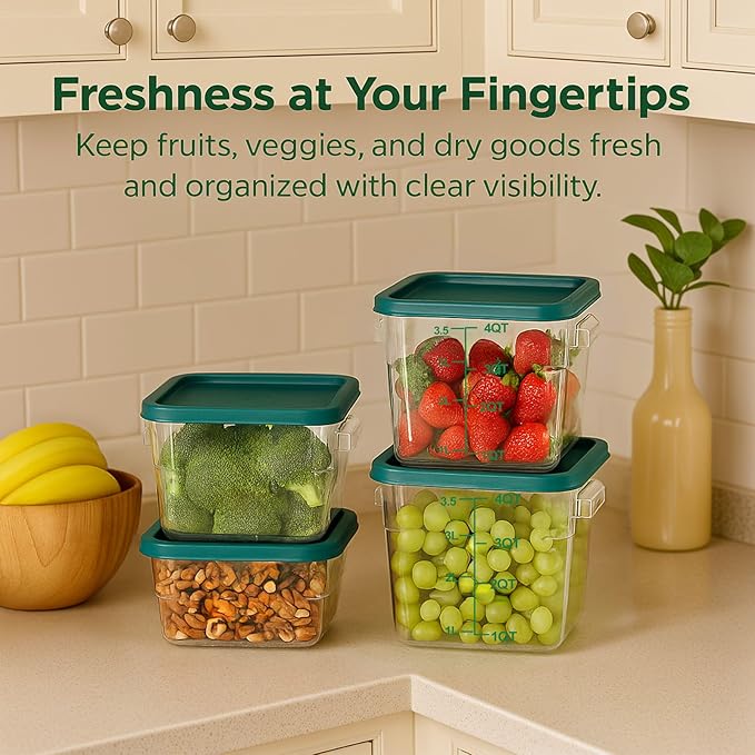 4 Pack 4QT Food Storage Containers with Green Lids, Clear Square Commercial Food Grade Storage Containers with Handles and Scales, BPA-Free Airtight Restaurant Container for Sourdough, Marinating Meat