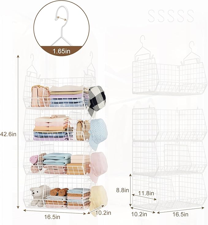 4 Tier Closet Hanging Organizer with Dividers,Extra Large Closet Storage Hanging with 5 S Hooks 4 Dividers,Clothes Organizer Clothing Sweaters Clutches Handbags Hats Accessories-White